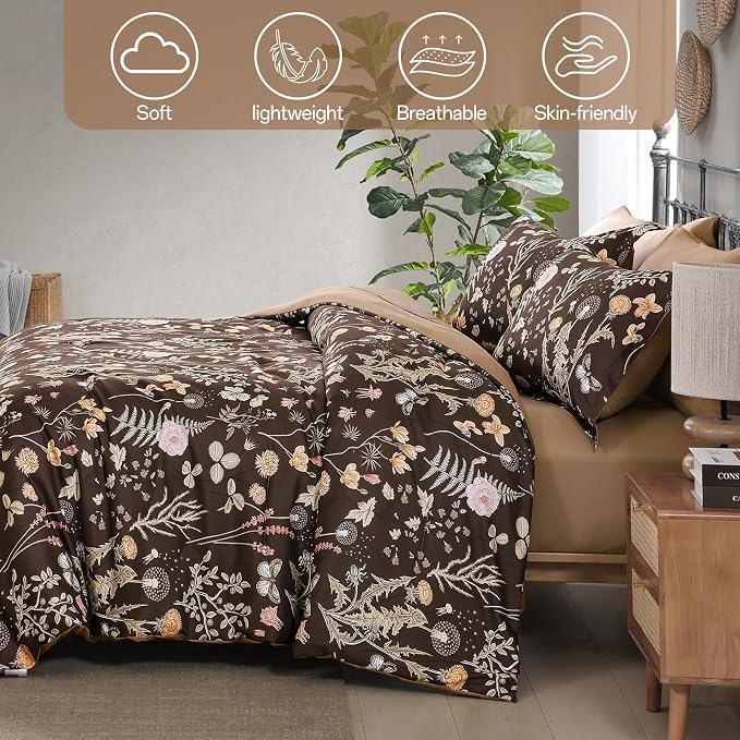 Yiran Brown Comforter Set King Size, 7 Piece Floral Comforter Bedding Set - Image 6