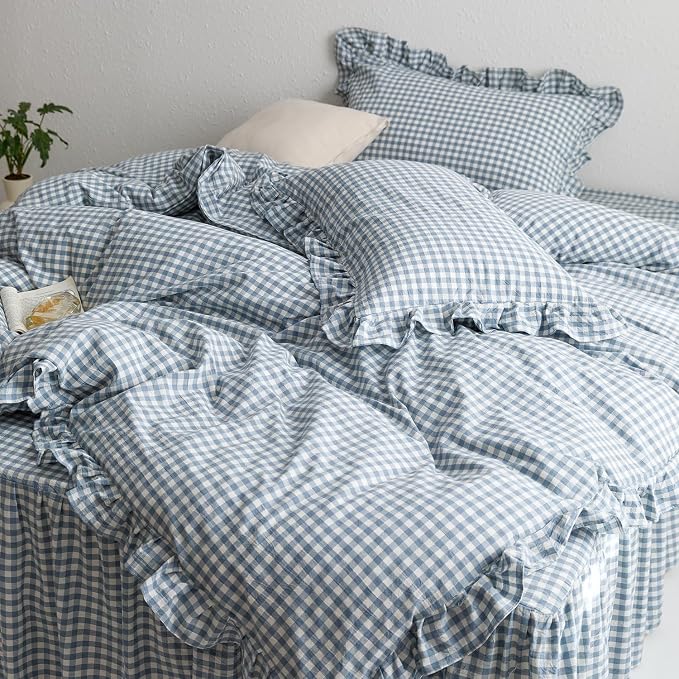 mixinni Blue White Gingham Ruffle Duvet Cover Full Size 3 Pieces – 100% Washed - Image 6