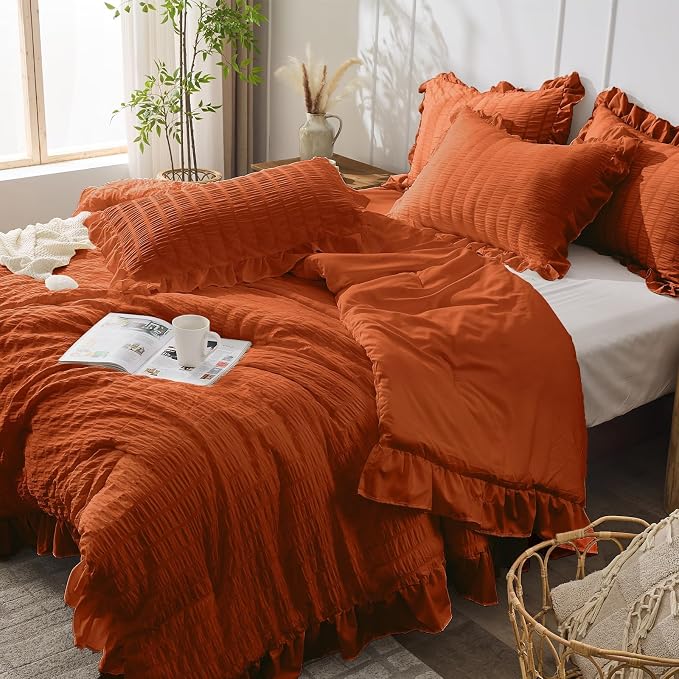 JOLLYVOGUE Burnt Orange Twin Size Comforter Set, 2 Pieces Seersucker - Image 8