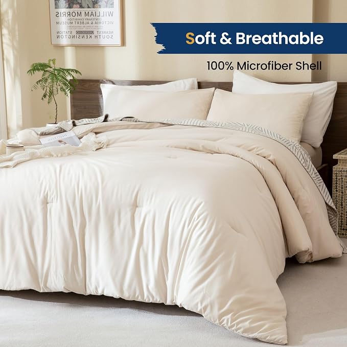 Paxrac Beige Comforter Set Full Size, Cream3 Pieces Comforter Set, Lightweight - Image 2