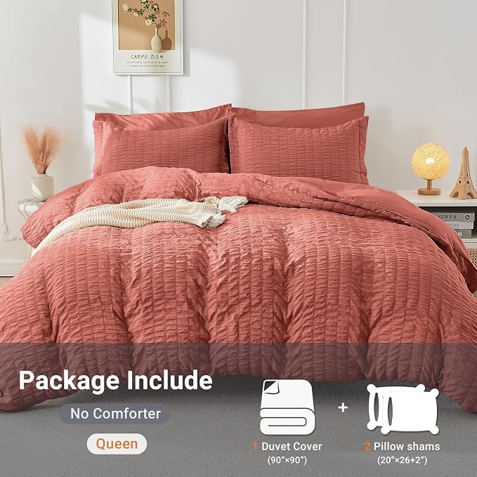 HYMOKEGE Coral Red Duvet Cover Queen Size, Ultra Soft 3-Piece Seersucker Duvet - Image 5