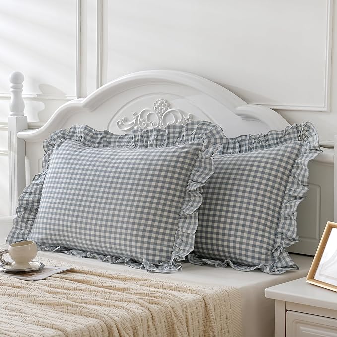 2 Pack Blue White Plaid Gingham Ruffle Pillow Shams Standard Size 20x26 inches - Image 3