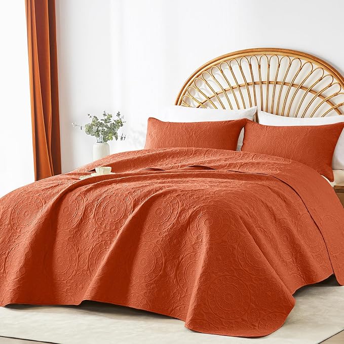 WURUIBO Burnt Orange Quilt Set King/Cal King Size, Embossing Microfiber - Image 2