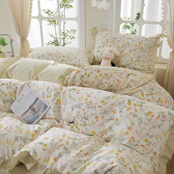 mixinni 100% Cotton Duvet Cover Set Twin, Reversible Spring Floral Ruffle Green - Image 2