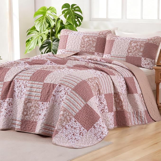 Mybedsoul Patchwork Quilt Set King Size, 3 Pieces Pink Floral Plaid Bedspread - Image 2