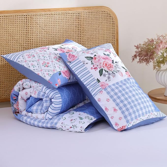 YIKUSH Queen Comforters Set Floral Comforter Bedding Set Blue Cozy Breathable - Image 7