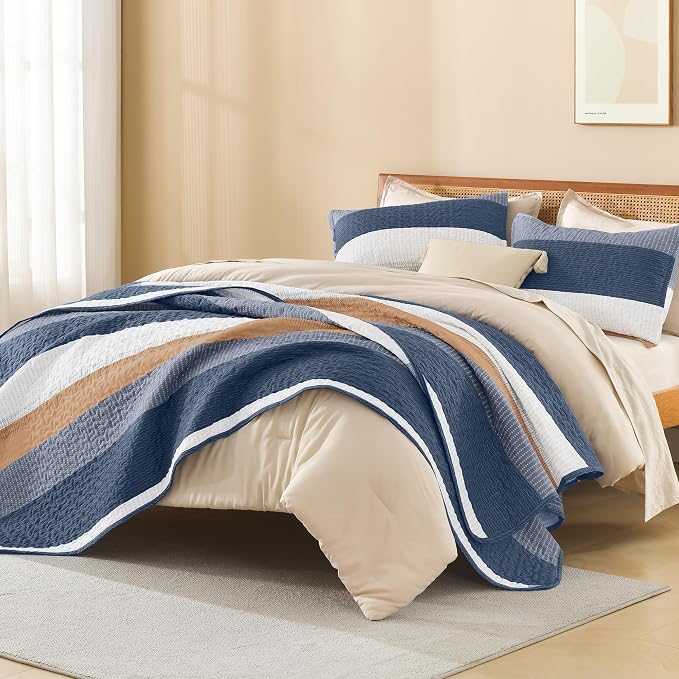 Litanika Quilt Queen Size BlueO, Stripe Patchwork Summer Bedspread Coverlet 3 - Image 4