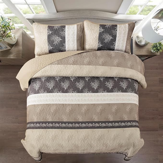 DJY Beige Quilt Set King Size Striped Bedspread Coverlet Set 3 Pieces Boho - Image 3