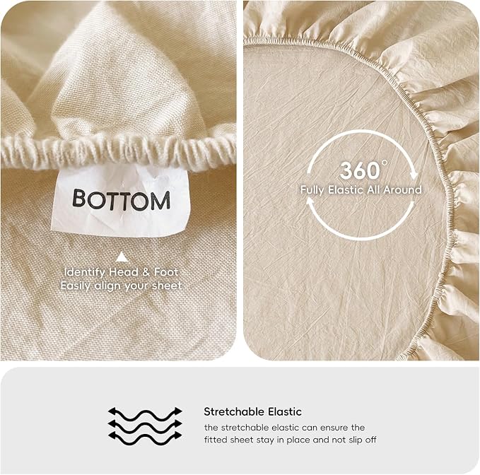 MooMee Fitted Bottom Sheet Only 100% Washed Cotton Linen Like Textured - Image 3