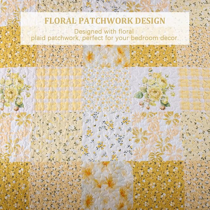 Mybedsoul Patchwork Quilts Queen Size, Soft Yellow Boho Floral Bedspreads - Image 4