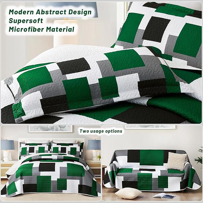 Tyrot 3 Piece Green Quilt Set California King Size Black Grey White Geometric - Image 3