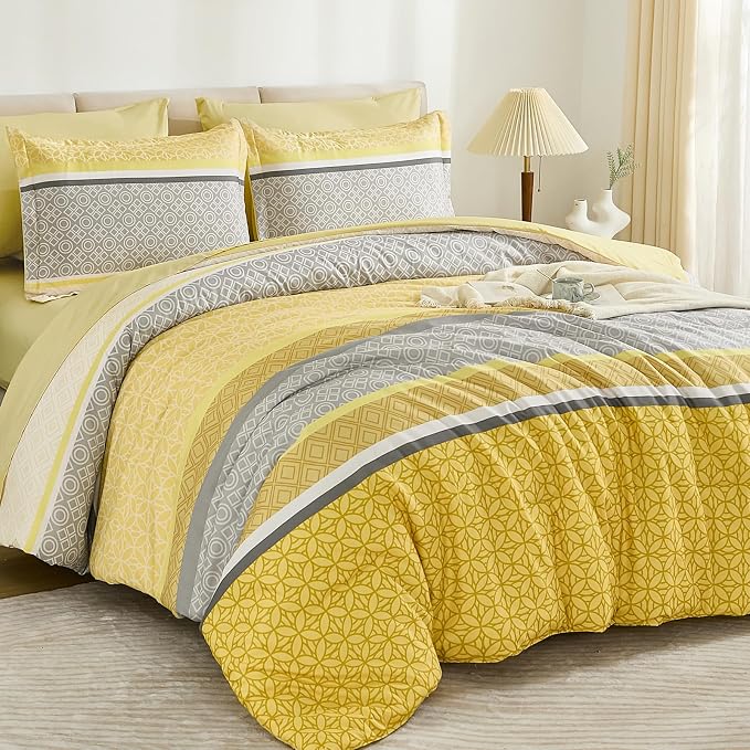 WONGS BEDDING Yellow Comforter Set Queen Size, 7 Pieces Striped Bed in a Bag - Image 3