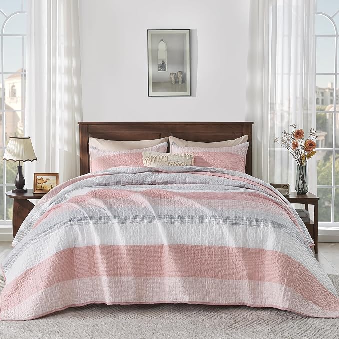 Andency Pink Quilt Queen, 3 Pieces Patchwork Striped Bedspread Coverlet Set - Image 8
