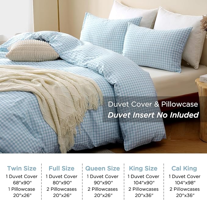 TOCOMOA Light Blue Gingham Duvet Cover Bedding Set 100% Washed Cotton Like - Image 8