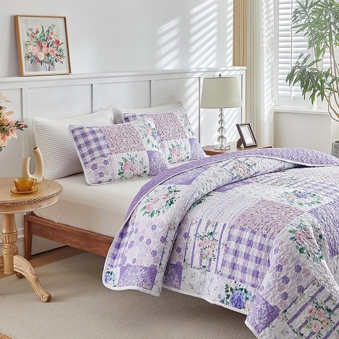 Joyreap 2 Pieces Floral Quilt Set Twin, Patchwork Purple n Pink Flowers Design - Image 6