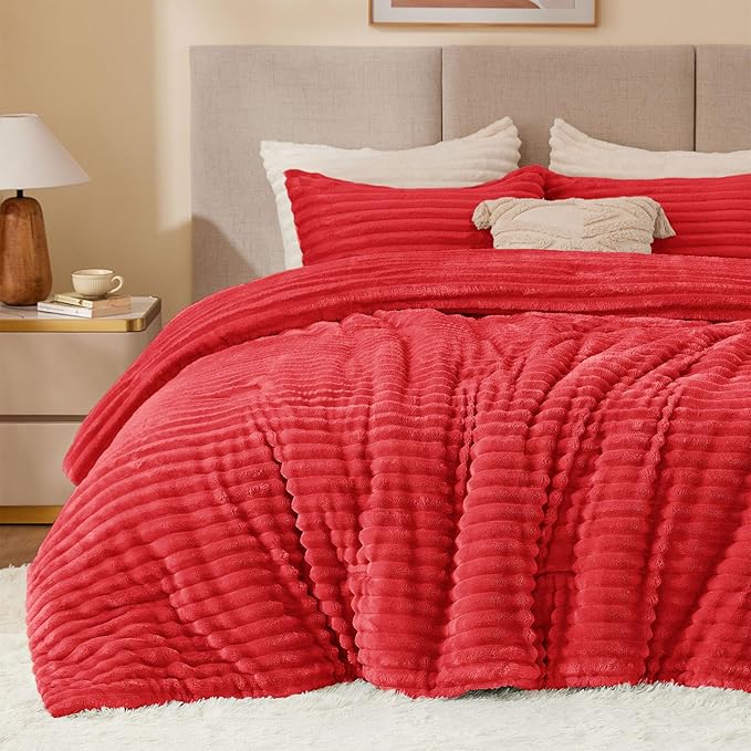 BEDELITE Fleece Queen Comforter Set -Super Soft & Warm Fluffy Red Bedding by BEDELITE
