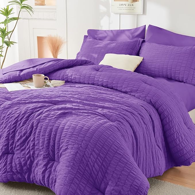 HYMOKEGE Bright Purple Full Size Comforter Sets Seersucker 7 Pieces, All Season by HYMOKEGE