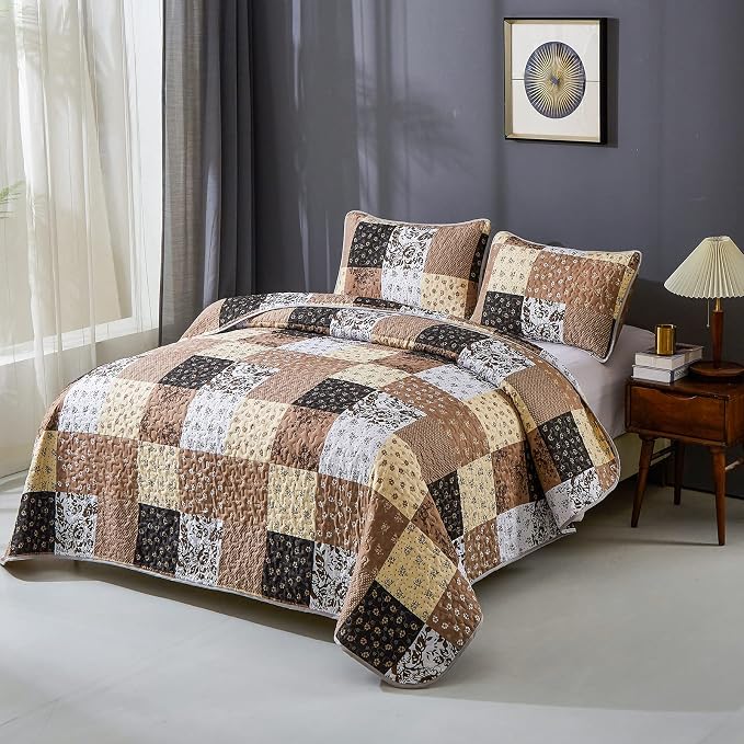 Mybedsoul Brown Patchwork Quilt Set California King Size, 3 Pieces Khaki Floral - Image 5