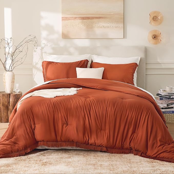Andency Twin Comforter Set Burnt Orange, 2 Pieces Terracotta Boho Tassel Kids - Image 2
