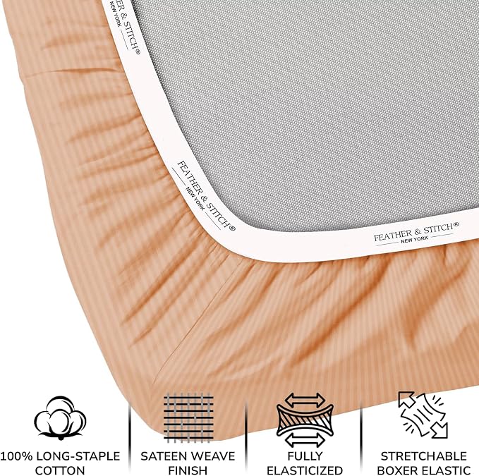 Feather & Stitch 1 Piece Fitted Sheet Twin Size, 100% Cotton Damask Sateen Weave - Image 2