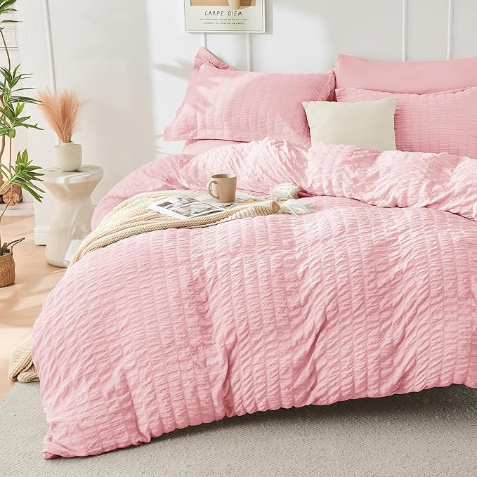 HYMOKEGE Pink Full Size Comforter Sets Seersucker 7 Pieces, All Season Luxury - Image 2