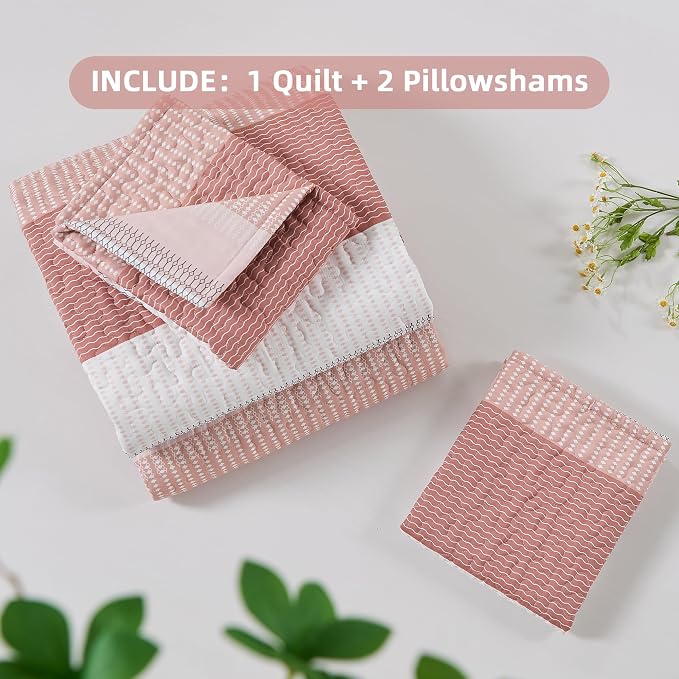 Andency Queen Quilt Bedding Set Blush Pink, 3 Pieces Patchwork Summer Striped - Image 7