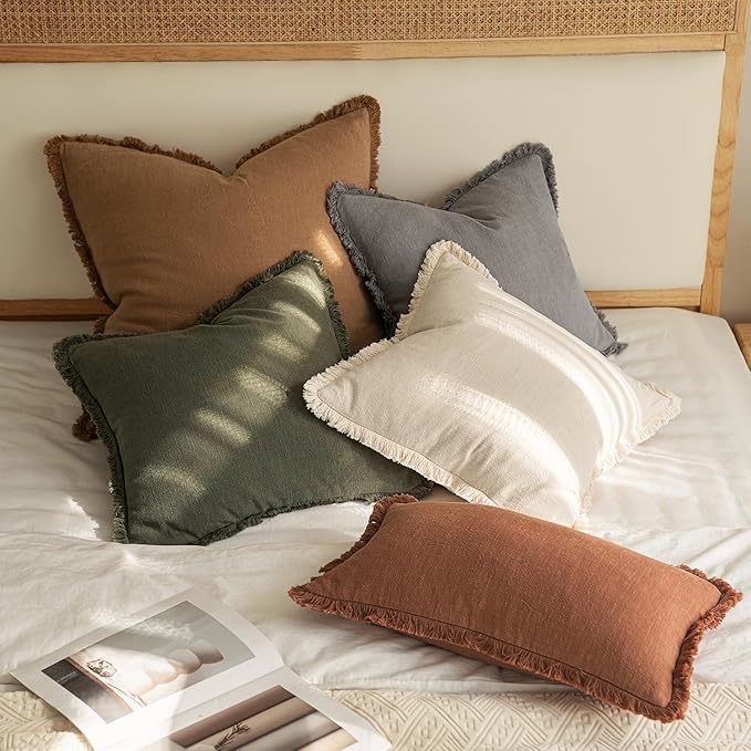 MIULEE Decorative Throw Pillow Covers Neutral Linen Fringe Throw Pillows Euro - Image 5