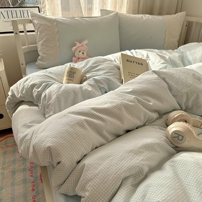 MKXI Blue Gingham Duvet Cover Set Full Size by MKXI