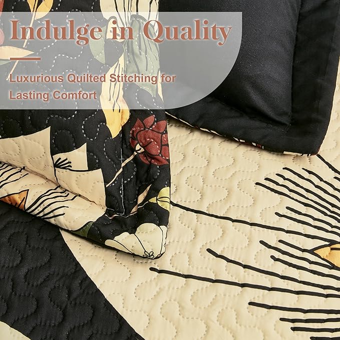 Tyrot 2 Piece Black Boho Floral Twin Size Quilt Sets Farmhouse Botanical - Image 4
