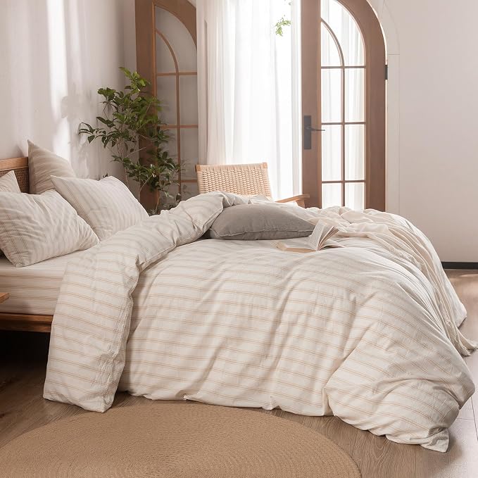BESTOUCH Duvet Cover Set 100% Washed Cotton Linen Feel Super Soft Comfortable - Image 3
