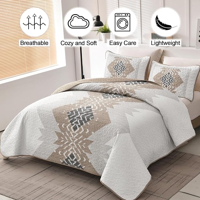 Dintszyayue Brown Boho Quilt Set Queen, 3 Pieces Aztec Texture Quilt - Image 2