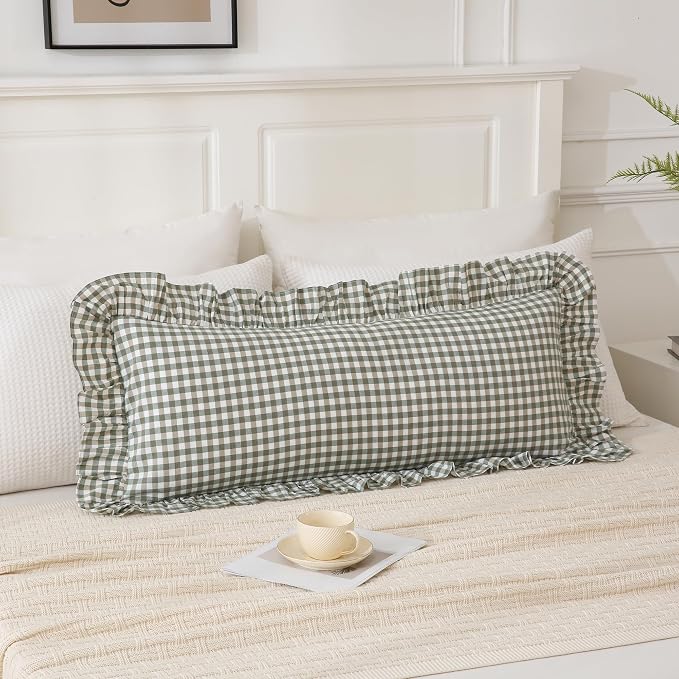 14x36 inches Sage Green Plaid Ruffle Lumbar Pillow Sham 1 Piece, Pure Cotton by Qilunn