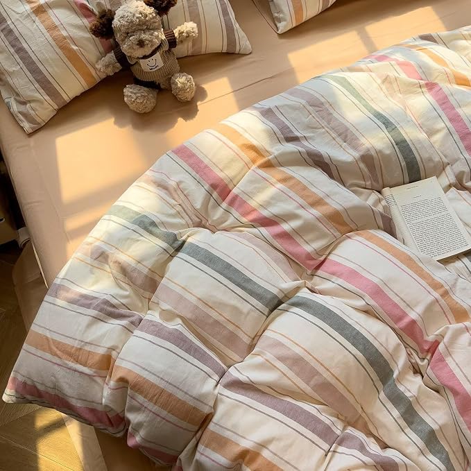 MKXI Washed Cotton Duvet Cover Set Retro Stripes in Autumn Palette 3-Piece - Image 3