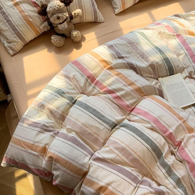 MKXI Washed Cotton Duvet Cover Set Retro Stripes in Autumn Palette 3-Piece - Image 3
