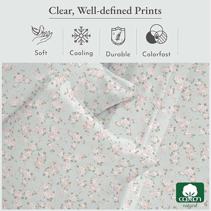 California Design Den Printed Pattern Rose Queen Sheet Set, 100% Cotton Sateen - Image 5
