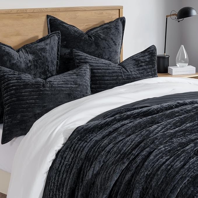 EVERGRACE Velvet Quilt Set King Size, Luxurious Soft Striped Channel Bedding Set - Image 4