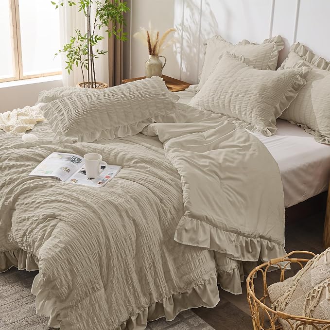 JOLLYVOGUE King Size Comforter Set, 3 Pieces Linen Seersucker Comforters King - Image 7
