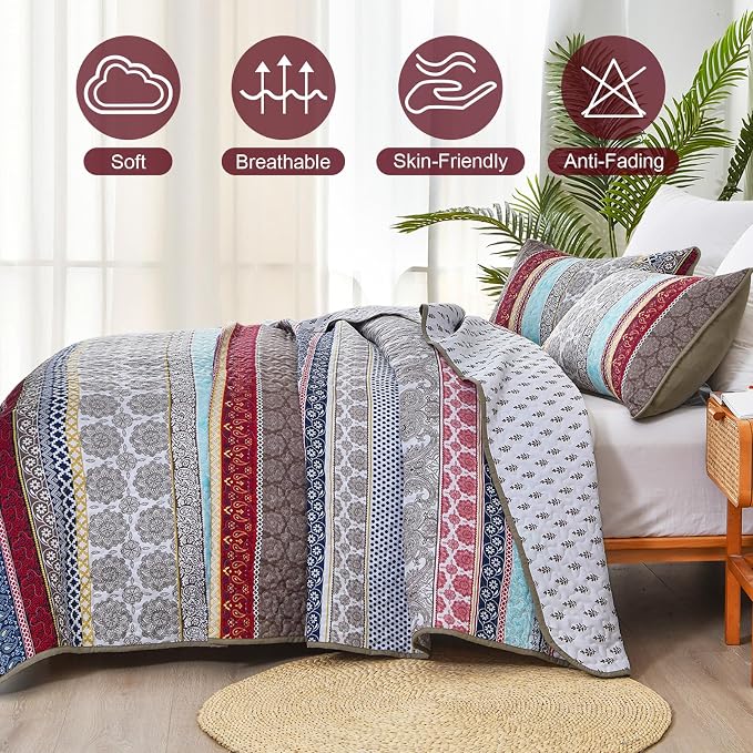 WONGS BEDDING Boho Quilt Set Queen Size, Lightweight Microfiber Bedspread - Image 4