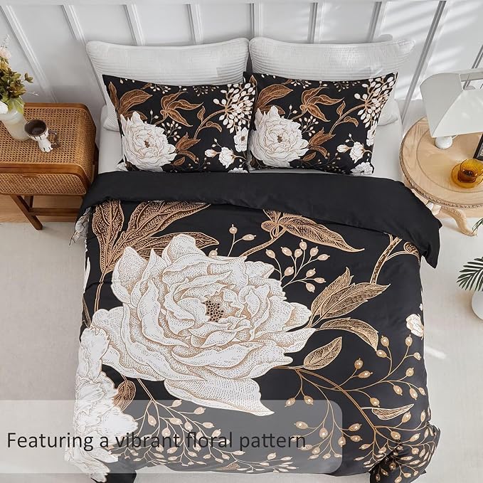 MKXI Bold Floral Black Duvet Cover Full Bedding Set Luxurious Premium Cotton - Image 4