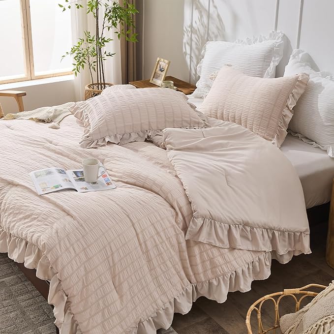 JOLLYVOGUE Beige Comforter Full Size, 3 Pieces Seersucker Lightweight Full Size - Image 7