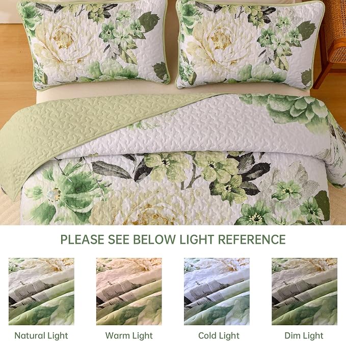 WONGS BEDDING Floral Quilt Set Green Queen, Quilted Printed Lightweight - Image 8