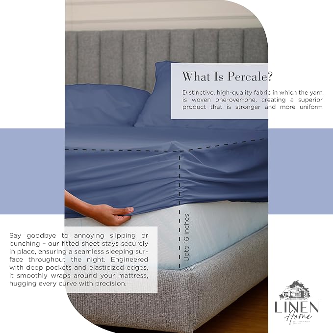 Linen Home 100% Cotton Percale Sheets Full Size, Dark Blue, Deep Pocket - Image 4