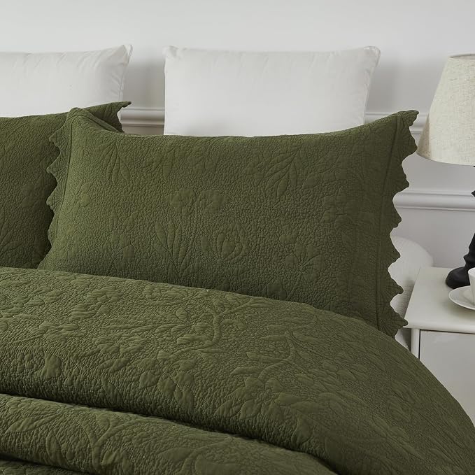 Brandream Olive Green Floral Vine Cotton Quilt Set King Size Luxury Scalloped - Image 5
