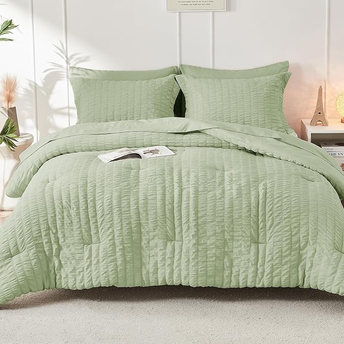 HYMOKEGE Light Green Twin Comforter Set Seersucker 5 Pieces, All Season Luxury - Image 8