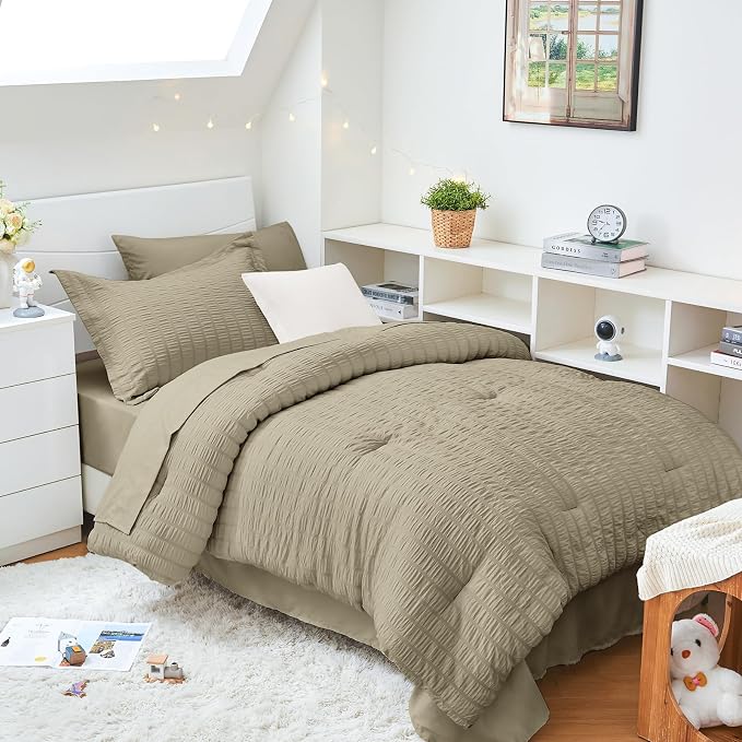 HYMOKEGE Linen Twin XL Comforter Set Seersucker 5 Pieces, All Season Luxury Bed by HYMOKEGE