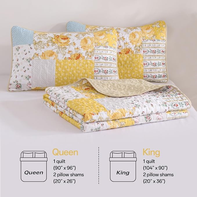 Anibedding Yellow Patchwork Quilt Set Queen Size Boho Floral Plaid Bedspread - Image 8
