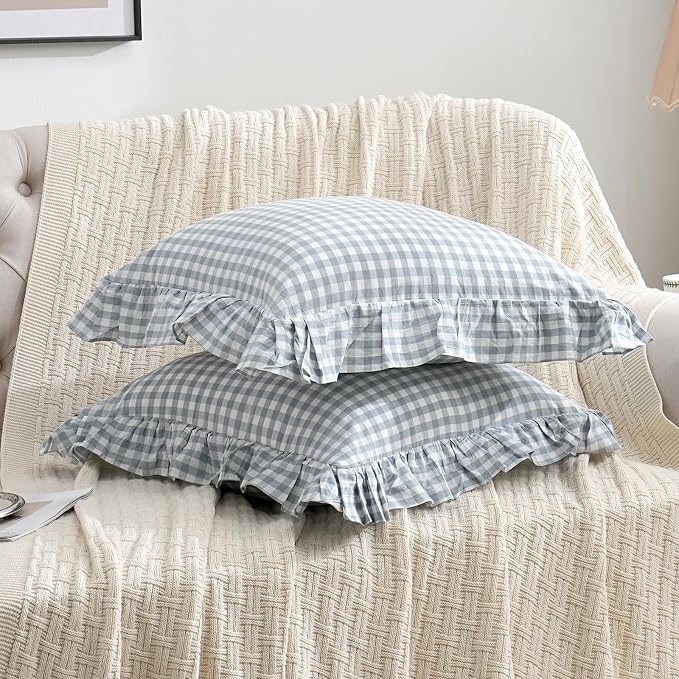 2 Pack Blue White Plaid Ruffle Throw Pillow Covers Farmhouse Checkered Chic - Image 3