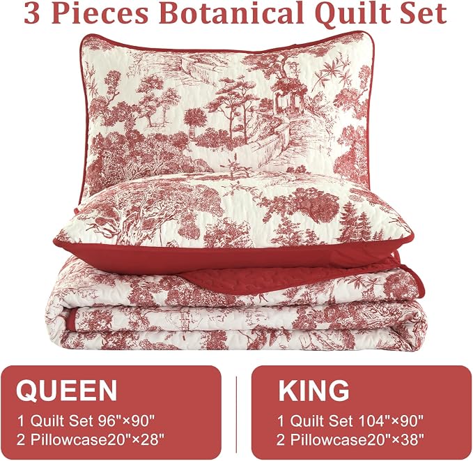 WONGS BEDDING Botanical Quilt Set King Size, Christmas Red 3 Pieces Floral - Image 6