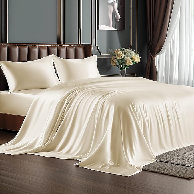 BEDELITE Satin Sheets Twin XL Size Bed Set, Luxury Soft Beige Silky Sheets by BEDELITE