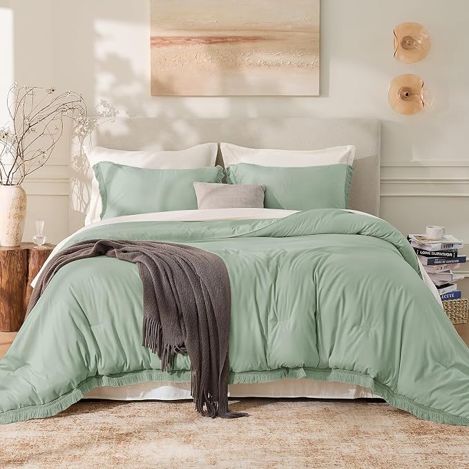 Andency Sage Green Tassel Comforter Set Full, 3 Pieces Boho Farmhouse Shabby - Image 2